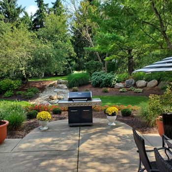 a backyard with a grill and a garden